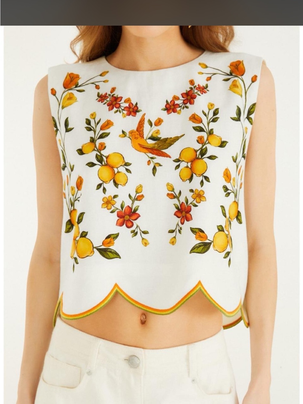 FARM Rio White Cotton Crop Top with Yellow & Orange Embroidery